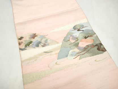 平和屋着物●八寸名古屋帯　すくい織　遠山草花文　金糸　正絹　逸品　CABL9652hy