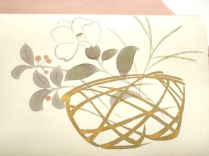 平和屋着物●塩瀬　九寸名古屋帯　手描き　花籠文　金彩　正絹　逸品　CABL9653hy