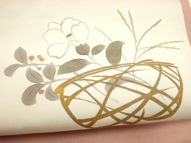 平和屋着物●塩瀬　九寸名古屋帯　手描き　花籠文　金彩　正絹　逸品　CABL9653hy