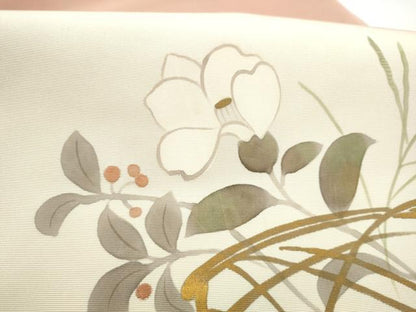 平和屋着物●塩瀬　九寸名古屋帯　手描き　花籠文　金彩　正絹　逸品　CABL9653hy