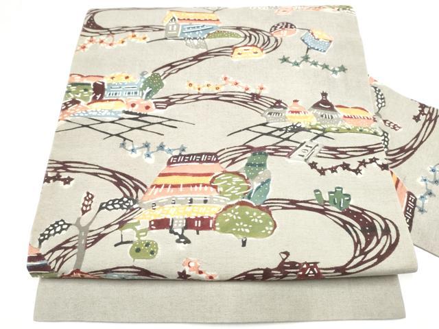平和屋着物●九寸名古屋帯　紅型　紬地　風景文　正絹　逸品　CABL9654hy
