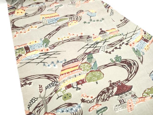 平和屋着物●九寸名古屋帯　紅型　紬地　風景文　正絹　逸品　CABL9654hy