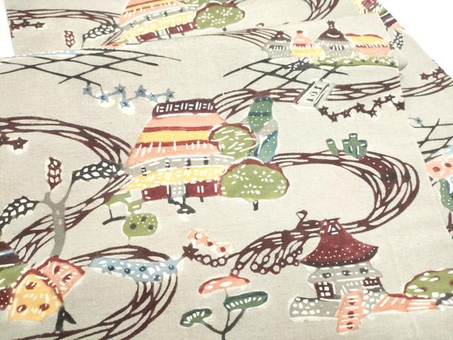 平和屋着物●九寸名古屋帯　紅型　紬地　風景文　正絹　逸品　CABL9654hy