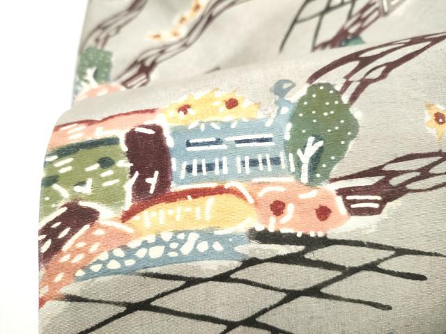 平和屋着物●九寸名古屋帯　紅型　紬地　風景文　正絹　逸品　CABL9654hy