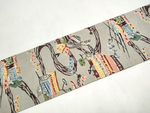 平和屋着物●九寸名古屋帯　紅型　紬地　風景文　正絹　逸品　CABL9654hy
