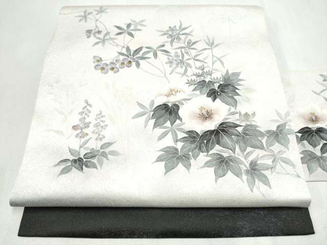 平和屋着物●九寸名古屋帯　手描き　草花文　金彩　銀通し地　正絹　逸品　CABL9655hy