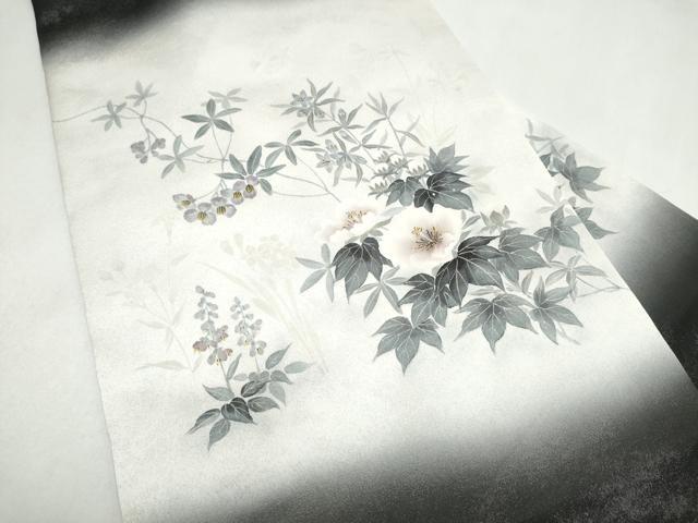 平和屋着物●九寸名古屋帯　手描き　草花文　金彩　銀通し地　正絹　逸品　CABL9655hy