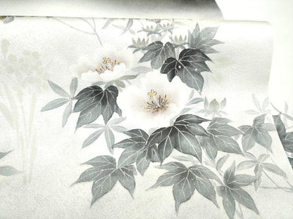 平和屋着物●九寸名古屋帯　手描き　草花文　金彩　銀通し地　正絹　逸品　CABL9655hy
