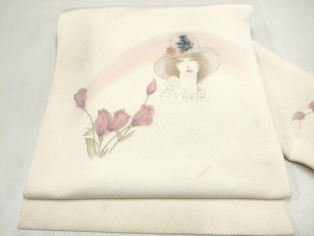 平和屋着物●現代の憂氣世絵師　米倉斉加年　九寸名古屋帯　手描き　人物草花文　鬼しぼ縮緬　正絹　逸品　CABL9656hy
