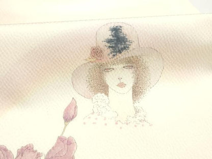 平和屋着物●現代の憂氣世絵師　米倉斉加年　九寸名古屋帯　手描き　人物草花文　鬼しぼ縮緬　正絹　逸品　CABL9656hy