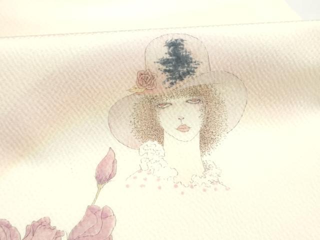 平和屋着物●現代の憂氣世絵師　米倉斉加年　九寸名古屋帯　手描き　人物草花文　鬼しぼ縮緬　正絹　逸品　CABL9656hy
