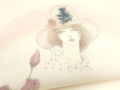 平和屋着物●現代の憂氣世絵師　米倉斉加年　九寸名古屋帯　手描き　人物草花文　鬼しぼ縮緬　正絹　逸品　CABL9656hy