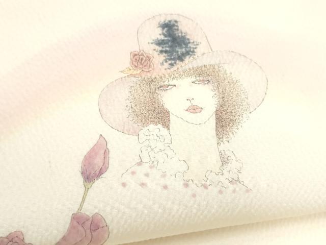 平和屋着物●現代の憂氣世絵師　米倉斉加年　九寸名古屋帯　手描き　人物草花文　鬼しぼ縮緬　正絹　逸品　CABL9656hy