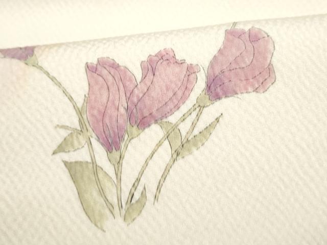 平和屋着物●現代の憂氣世絵師　米倉斉加年　九寸名古屋帯　手描き　人物草花文　鬼しぼ縮緬　正絹　逸品　CABL9656hy