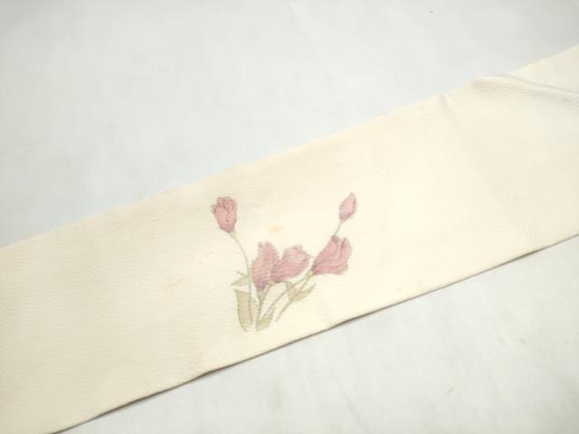 平和屋着物●現代の憂氣世絵師　米倉斉加年　九寸名古屋帯　手描き　人物草花文　鬼しぼ縮緬　正絹　逸品　CABL9656hy