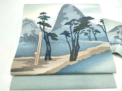 平和屋着物▼塩瀬　九寸名古屋帯　錦華紬　風景文　証紙付き　正絹　逸品　CABL9659hy