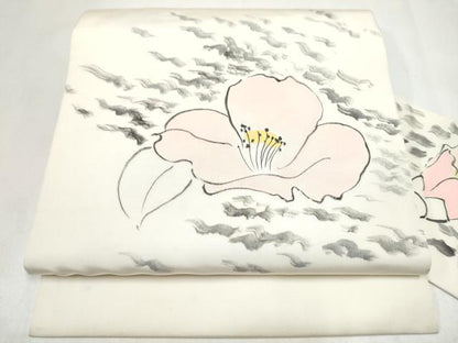 平和屋着物●塩瀬　九寸名古屋帯　手描き　椿　正絹　逸品　CABL9672hy