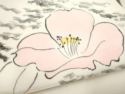 平和屋着物●塩瀬　九寸名古屋帯　手描き　椿　正絹　逸品　CABL9672hy
