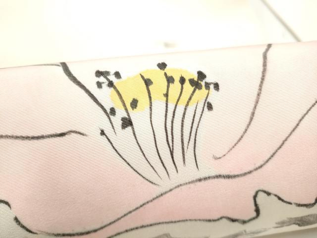 平和屋着物●塩瀬　九寸名古屋帯　手描き　椿　正絹　逸品　CABL9672hy