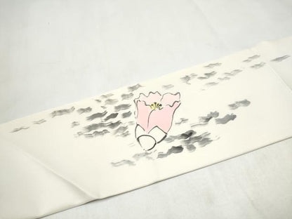 平和屋着物●塩瀬　九寸名古屋帯　手描き　椿　正絹　逸品　CABL9672hy