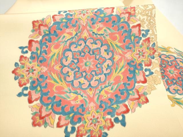平和屋着物●塩瀬　九寸名古屋帯　手描き　向かい鳥花文　金彩　正絹　逸品　CABL9673hy