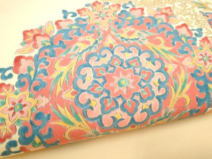 平和屋着物●塩瀬　九寸名古屋帯　手描き　向かい鳥花文　金彩　正絹　逸品　CABL9673hy