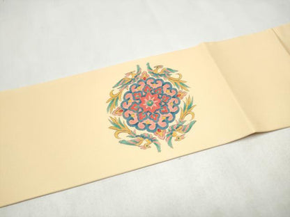 平和屋着物●塩瀬　九寸名古屋帯　手描き　向かい鳥花文　金彩　正絹　逸品　CABL9673hy