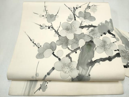 平和屋着物●塩瀬　九寸名古屋帯　手描き　枝梅文　正絹　逸品　CABL9676hy
