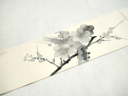 平和屋着物●塩瀬　九寸名古屋帯　手描き　枝梅文　正絹　逸品　CABL9676hy