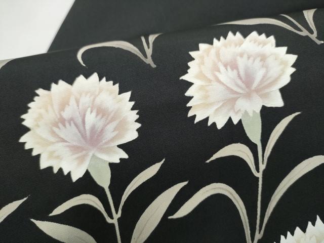 平和屋着物●塩瀬　九寸名古屋帯　ろうけつ染　枝花文　黒地　正絹　逸品　CABL9677hy