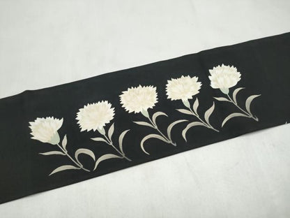 平和屋着物●塩瀬　九寸名古屋帯　ろうけつ染　枝花文　黒地　正絹　逸品　CABL9677hy
