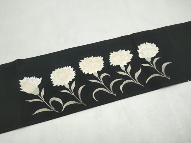 平和屋着物●塩瀬　九寸名古屋帯　ろうけつ染　枝花文　黒地　正絹　逸品　CABL9677hy