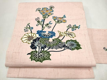 平和屋着物●本場琉球紅型　九寸名古屋帯　紬地　草花文　正絹　逸品　CABL9680hy