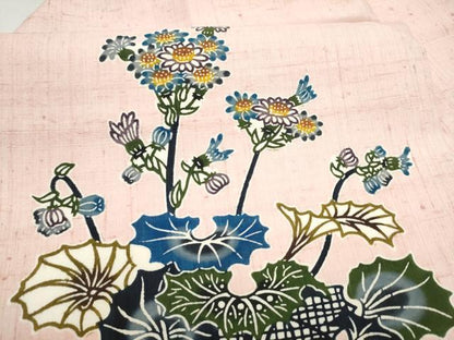 平和屋着物●本場琉球紅型　九寸名古屋帯　紬地　草花文　正絹　逸品　CABL9680hy