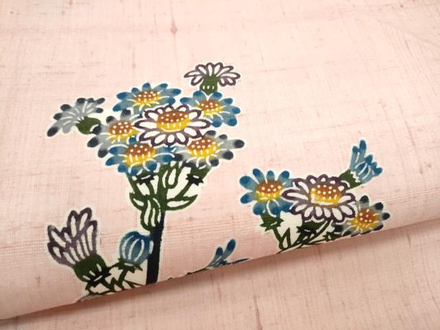 平和屋着物●本場琉球紅型　九寸名古屋帯　紬地　草花文　正絹　逸品　CABL9680hy