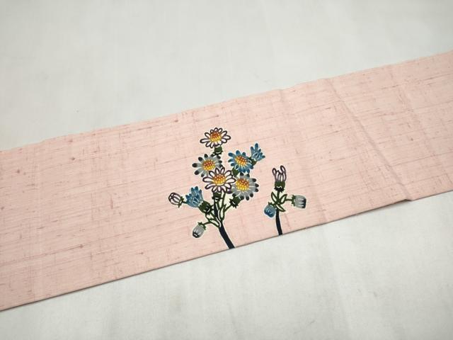 平和屋着物●本場琉球紅型　九寸名古屋帯　紬地　草花文　正絹　逸品　CABL9680hy