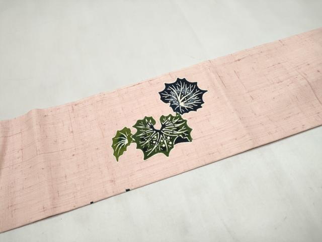 平和屋着物●本場琉球紅型　九寸名古屋帯　紬地　草花文　正絹　逸品　CABL9680hy
