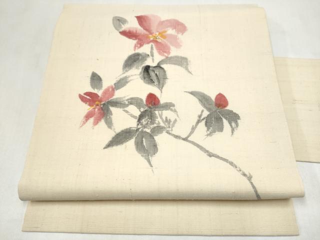 平和屋着物●九寸名古屋帯　手描き　紬地　枝花文　正絹　逸品　CABL9688hy