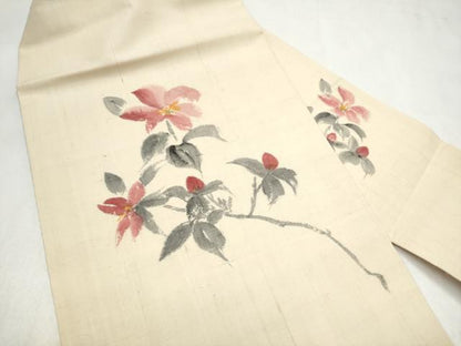 平和屋着物●九寸名古屋帯　手描き　紬地　枝花文　正絹　逸品　CABL9688hy