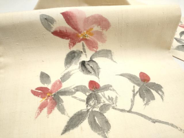 平和屋着物●九寸名古屋帯　手描き　紬地　枝花文　正絹　逸品　CABL9688hy