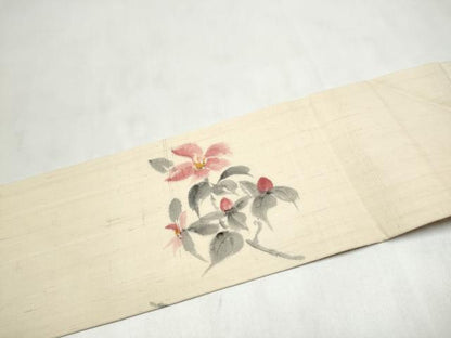 平和屋着物●九寸名古屋帯　手描き　紬地　枝花文　正絹　逸品　CABL9688hy