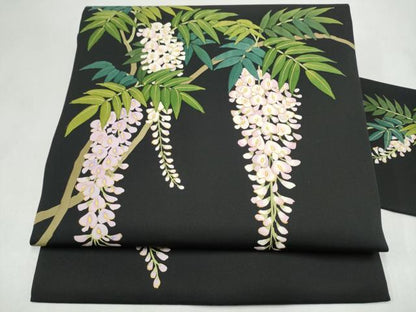 平和屋着物●塩瀬　九寸名古屋帯　藤花房　黒地　金彩　正絹　逸品　CABL9694hy