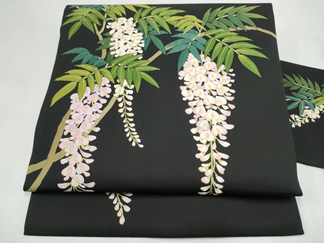 平和屋着物●塩瀬　九寸名古屋帯　藤花房　黒地　金彩　正絹　逸品　CABL9694hy