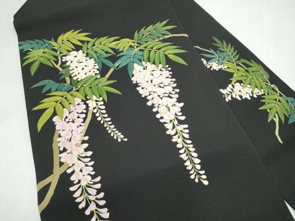 平和屋着物●塩瀬　九寸名古屋帯　藤花房　黒地　金彩　正絹　逸品　CABL9694hy