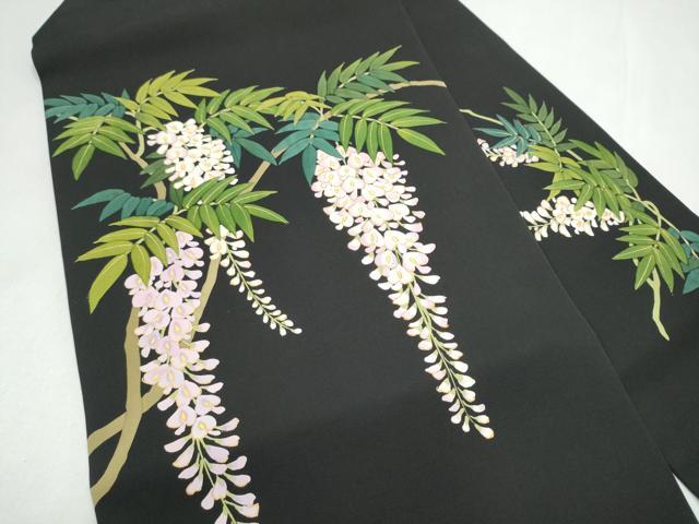平和屋着物●塩瀬　九寸名古屋帯　藤花房　黒地　金彩　正絹　逸品　CABL9694hy
