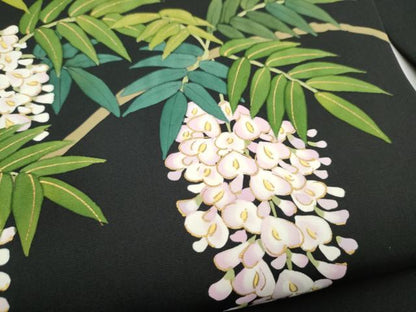平和屋着物●塩瀬　九寸名古屋帯　藤花房　黒地　金彩　正絹　逸品　CABL9694hy