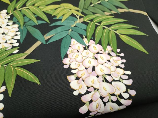 平和屋着物●塩瀬　九寸名古屋帯　藤花房　黒地　金彩　正絹　逸品　CABL9694hy