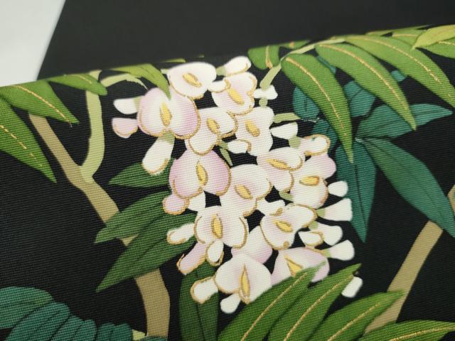 平和屋着物●塩瀬　九寸名古屋帯　藤花房　黒地　金彩　正絹　逸品　CABL9694hy