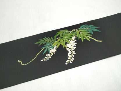 平和屋着物●塩瀬　九寸名古屋帯　藤花房　黒地　金彩　正絹　逸品　CABL9694hy
