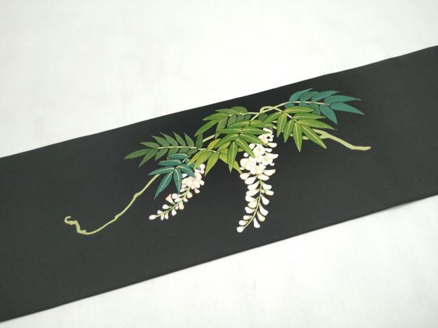 平和屋着物●塩瀬　九寸名古屋帯　藤花房　黒地　金彩　正絹　逸品　CABL9694hy